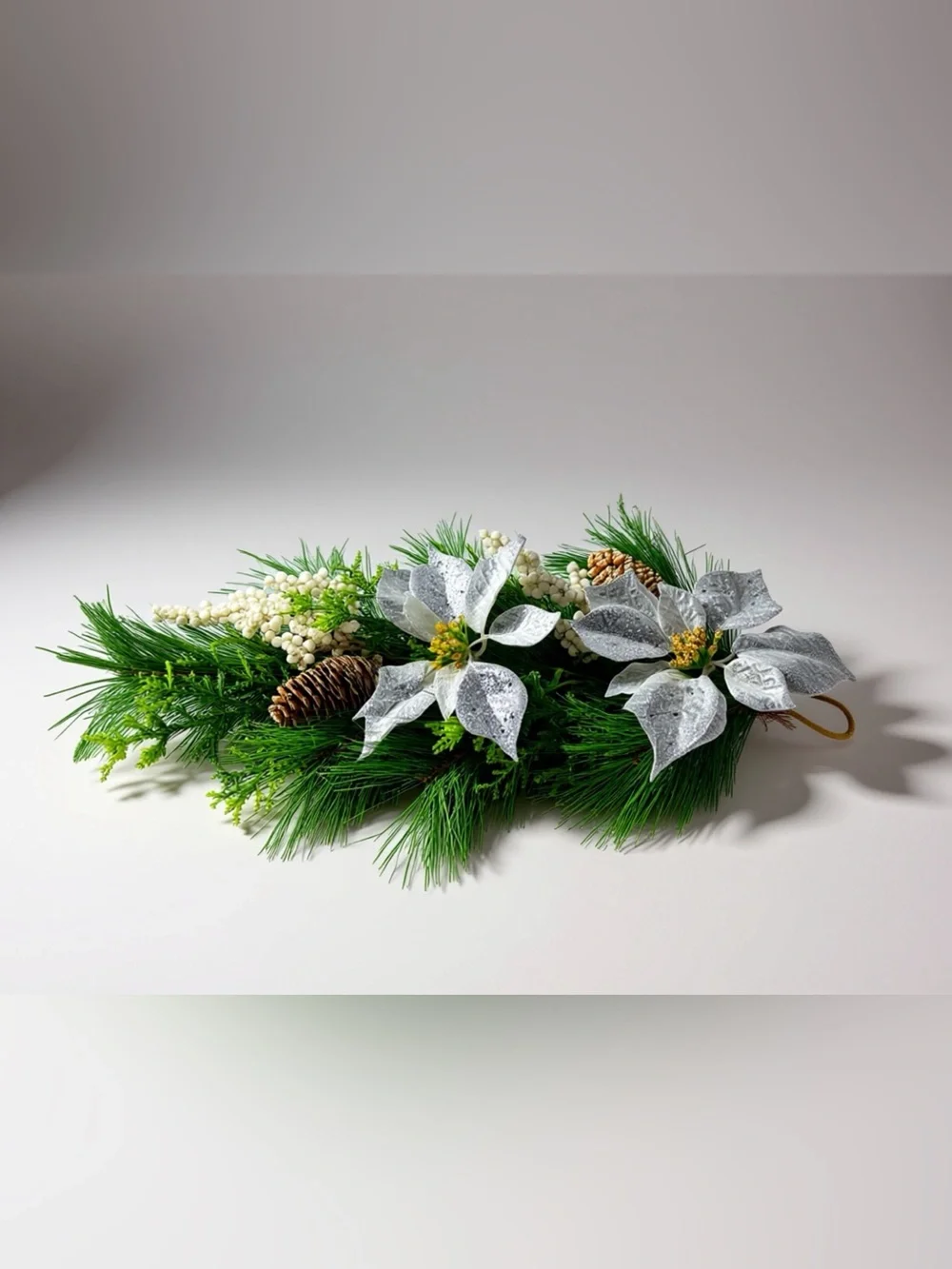 Holiday Pine Garland with Silver Poinsettias - Pinecone Accent - 23x13